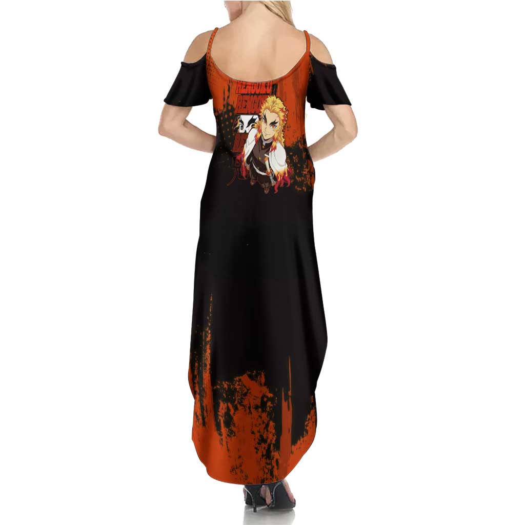 Kyojuro Rengoku Demon Slayer Black and Orange Grunge Design Summer Maxi Dress with Bold Eyes and Flame Hashira Artwork - The Mazicc
