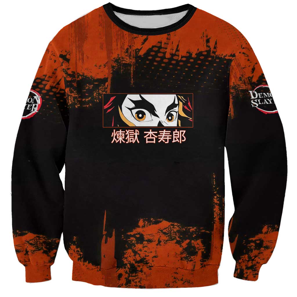 Kyojuro Rengoku Demon Slayer Black and Orange Grunge Design Sweatshirt with Bold Eyes and Flame Hashira Artwork - The Mazicc