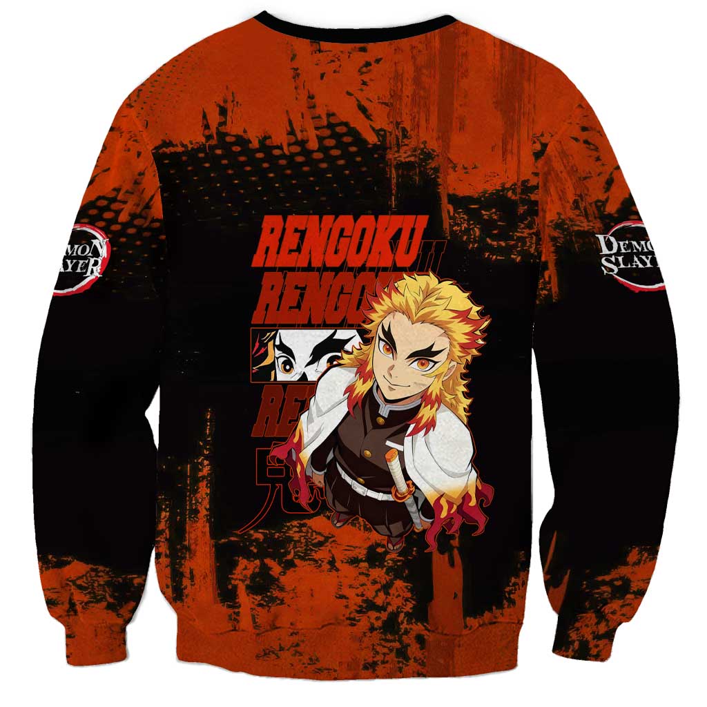 Kyojuro Rengoku Demon Slayer Black and Orange Grunge Design Sweatshirt with Bold Eyes and Flame Hashira Artwork - The Mazicc