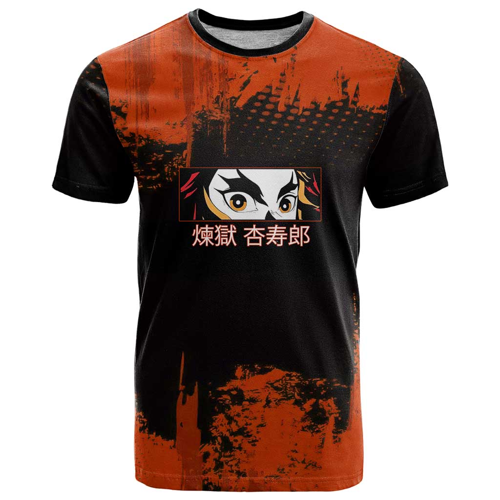 Kyojuro Rengoku Demon Slayer Black and Orange Grunge Design T Shirt with Bold Eyes and Flame Hashira Artwork - The Mazicc