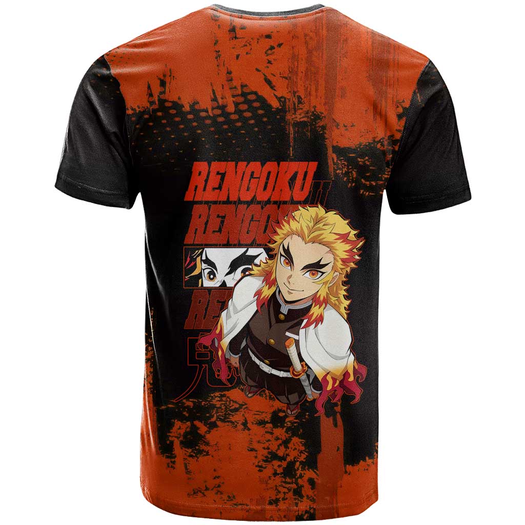 Kyojuro Rengoku Demon Slayer Black and Orange Grunge Design T Shirt with Bold Eyes and Flame Hashira Artwork - The Mazicc
