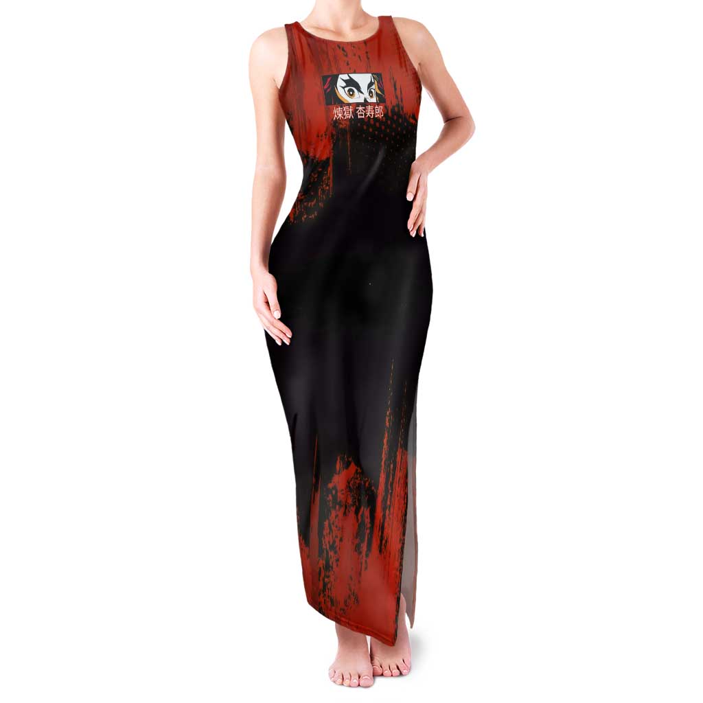 Kyojuro Rengoku Demon Slayer Black and Orange Grunge Design Tank Maxi Dress with Bold Eyes and Flame Hashira Artwork - The Mazicc