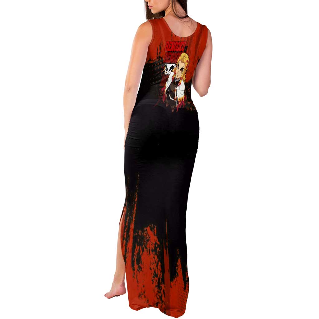 Kyojuro Rengoku Demon Slayer Black and Orange Grunge Design Tank Maxi Dress with Bold Eyes and Flame Hashira Artwork - The Mazicc