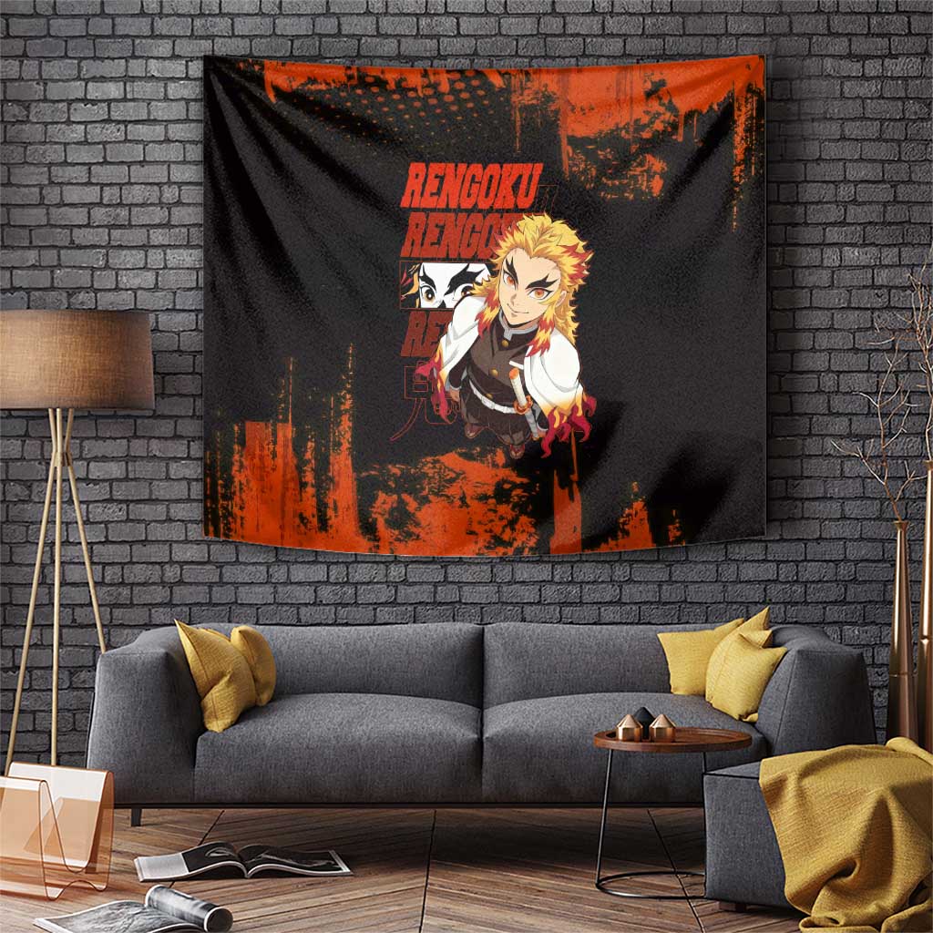 Kyojuro Rengoku Demon Slayer Black and Orange Grunge Design Tapestry with Bold Eyes and Flame Hashira Artwork - The Mazicc