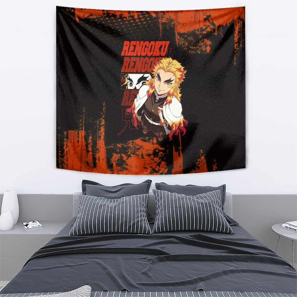 Kyojuro Rengoku Demon Slayer Black and Orange Grunge Design Tapestry with Bold Eyes and Flame Hashira Artwork - The Mazicc
