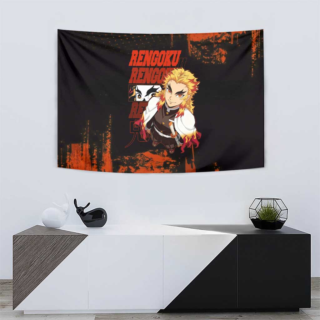 Kyojuro Rengoku Demon Slayer Black and Orange Grunge Design Tapestry with Bold Eyes and Flame Hashira Artwork - The Mazicc