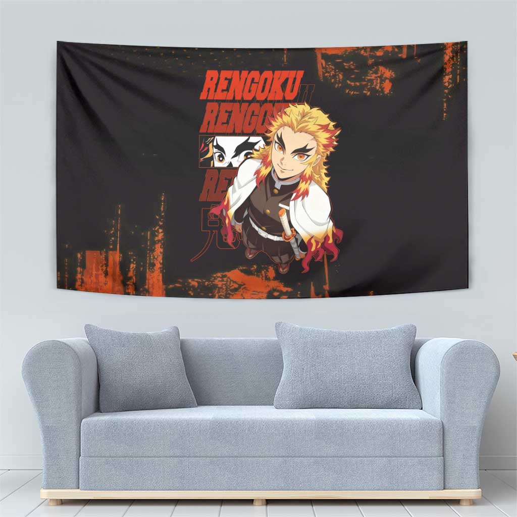 Kyojuro Rengoku Demon Slayer Black and Orange Grunge Design Tapestry with Bold Eyes and Flame Hashira Artwork - The Mazicc