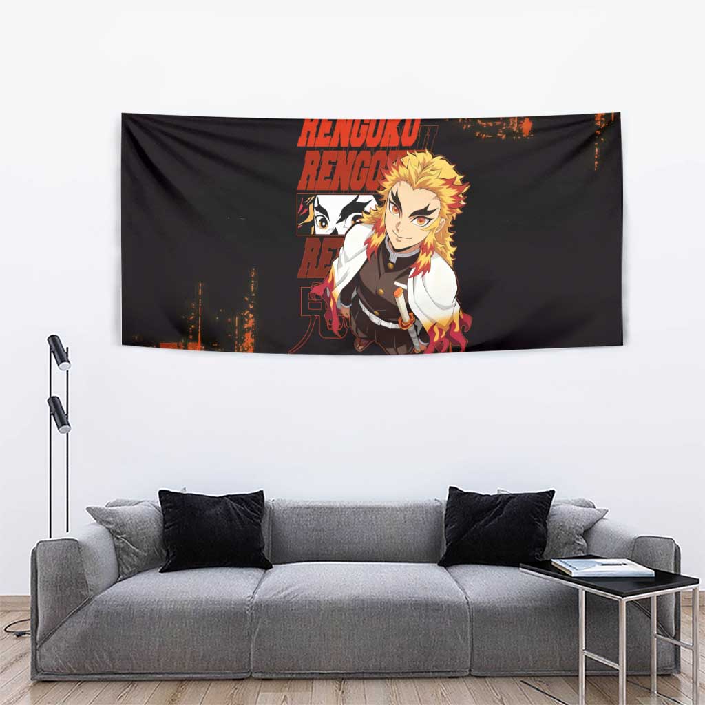 Kyojuro Rengoku Demon Slayer Black and Orange Grunge Design Tapestry with Bold Eyes and Flame Hashira Artwork - The Mazicc
