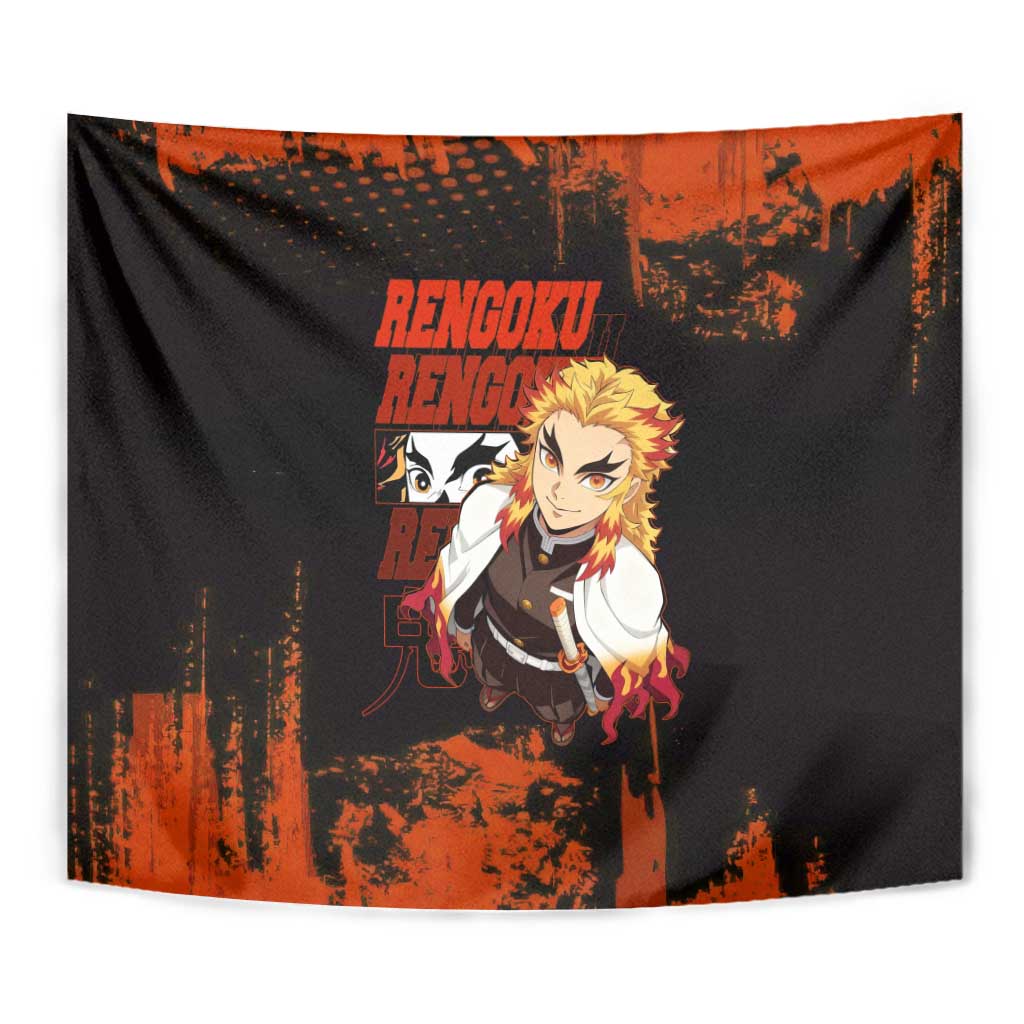 Kyojuro Rengoku Demon Slayer Black and Orange Grunge Design Tapestry with Bold Eyes and Flame Hashira Artwork - The Mazicc