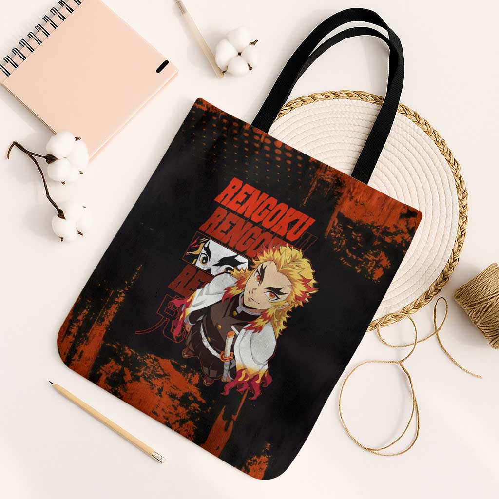 Kyojuro Rengoku Demon Slayer Black and Orange Grunge Design Tote Bag with Bold Eyes and Flame Hashira Artwork - The Mazicc