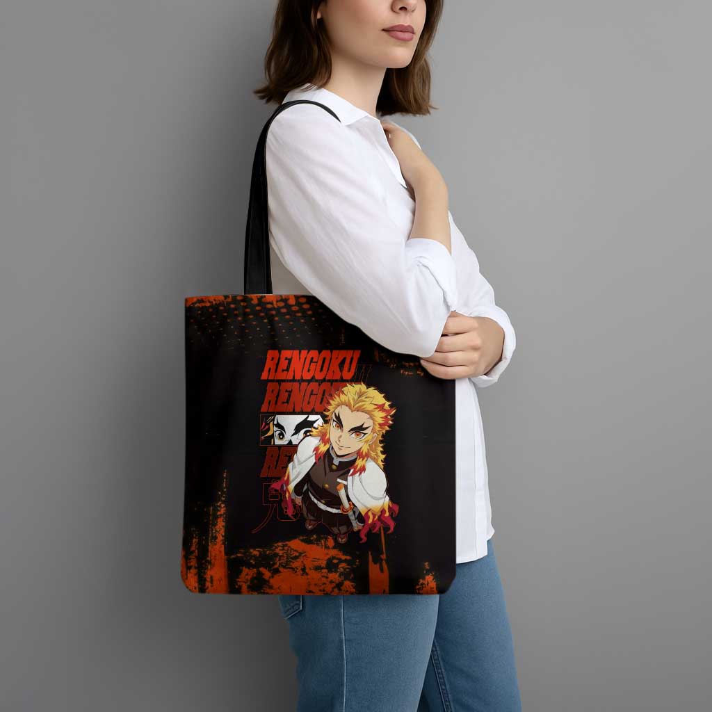 Kyojuro Rengoku Demon Slayer Black and Orange Grunge Design Tote Bag with Bold Eyes and Flame Hashira Artwork - The Mazicc