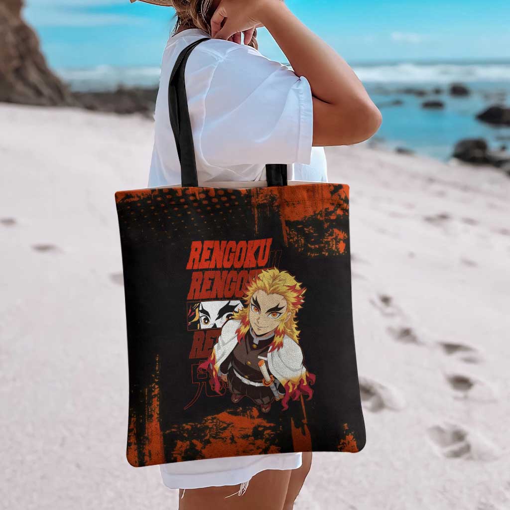 Kyojuro Rengoku Demon Slayer Black and Orange Grunge Design Tote Bag with Bold Eyes and Flame Hashira Artwork - The Mazicc