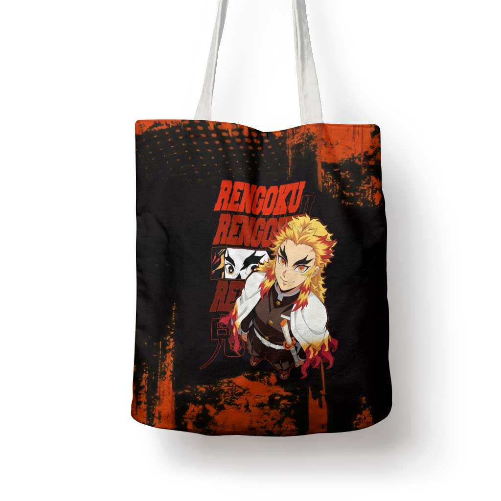 Kyojuro Rengoku Demon Slayer Black and Orange Grunge Design Tote Bag with Bold Eyes and Flame Hashira Artwork - The Mazicc