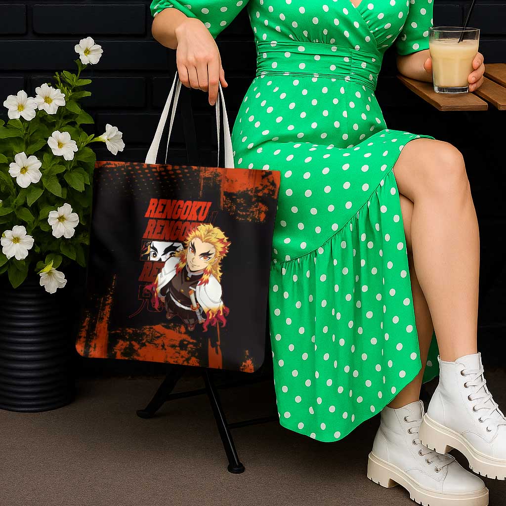 Kyojuro Rengoku Demon Slayer Black and Orange Grunge Design Tote Bag with Bold Eyes and Flame Hashira Artwork - The Mazicc