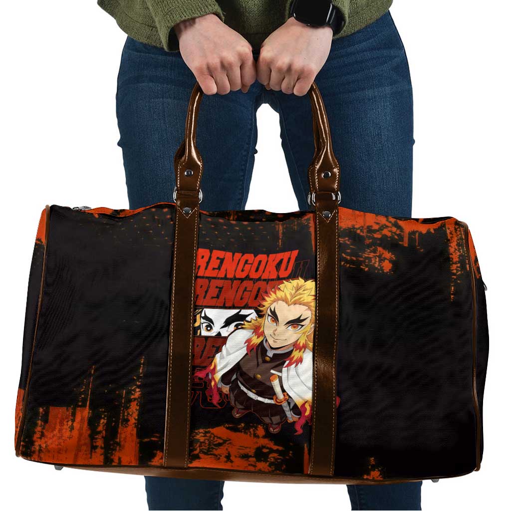 Kyojuro Rengoku Demon Slayer Black and Orange Grunge Design Travel Bag with Bold Eyes and Flame Hashira Artwork - The Mazicc
