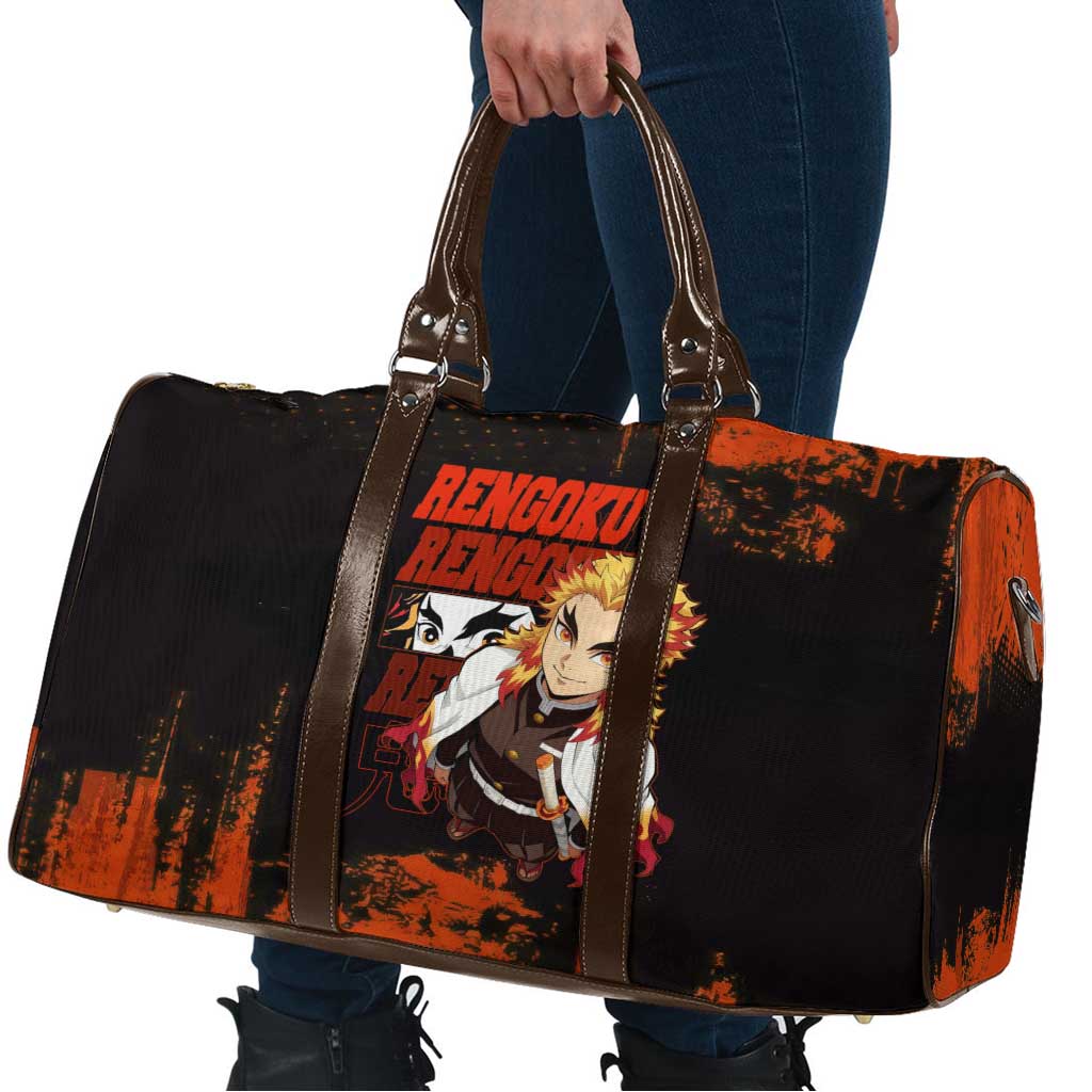 Kyojuro Rengoku Demon Slayer Black and Orange Grunge Design Travel Bag with Bold Eyes and Flame Hashira Artwork - The Mazicc