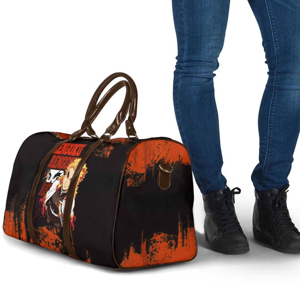 Kyojuro Rengoku Demon Slayer Black and Orange Grunge Design Travel Bag with Bold Eyes and Flame Hashira Artwork - The Mazicc