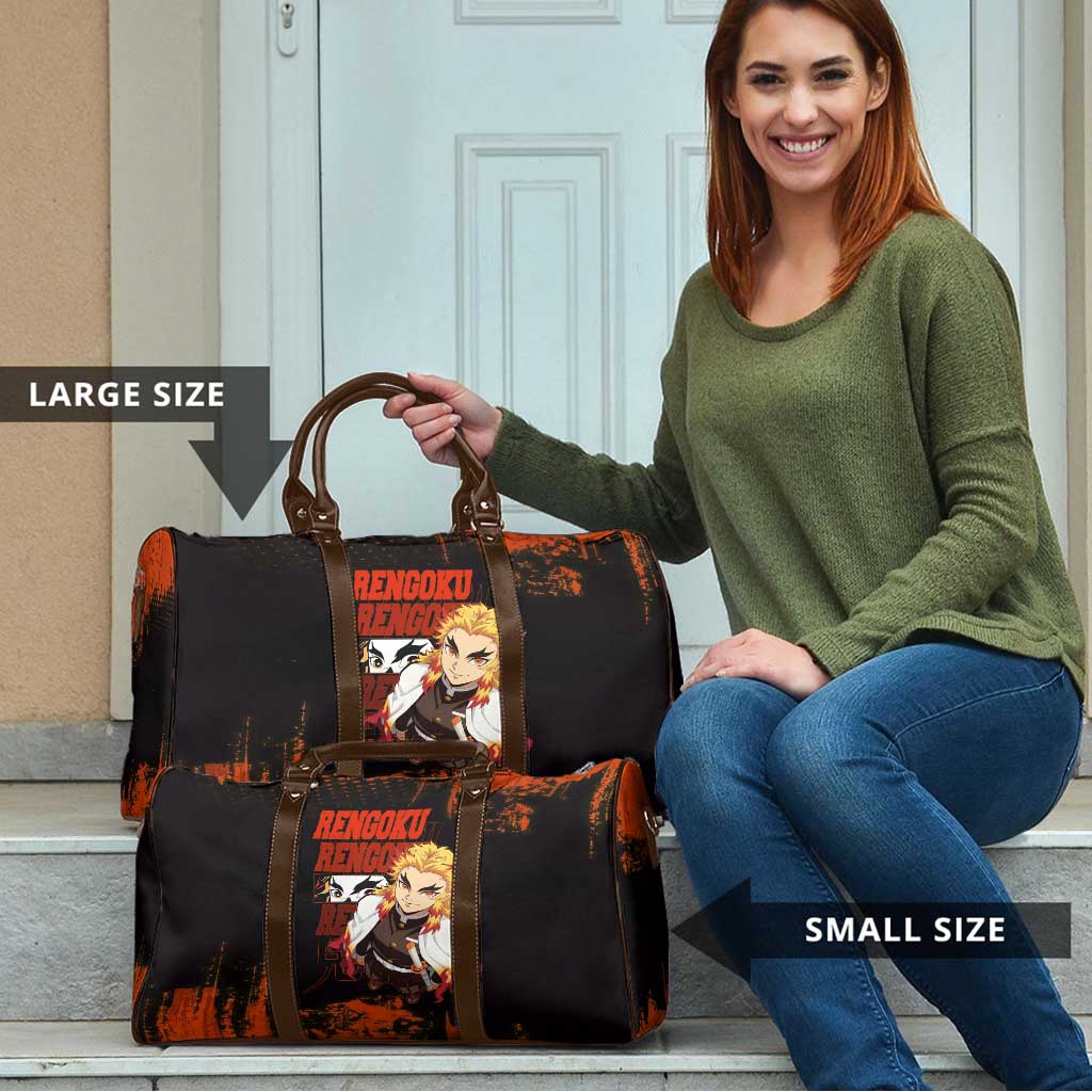 Kyojuro Rengoku Demon Slayer Black and Orange Grunge Design Travel Bag with Bold Eyes and Flame Hashira Artwork - The Mazicc