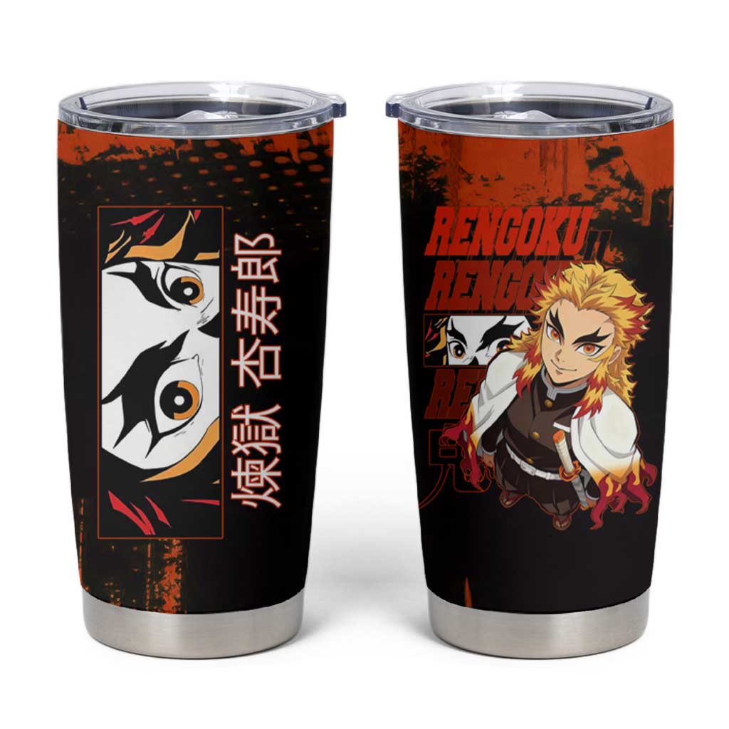 Kyojuro Rengoku Demon Slayer Black and Orange Grunge Design Tumbler Cup with Bold Eyes and Flame Hashira Artwork - The Mazicc