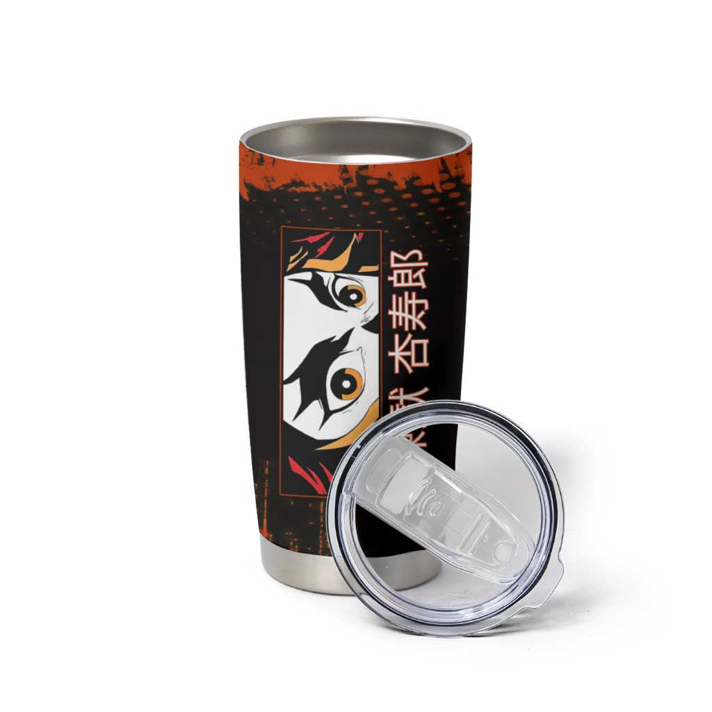 Kyojuro Rengoku Demon Slayer Black and Orange Grunge Design Tumbler Cup with Bold Eyes and Flame Hashira Artwork - The Mazicc