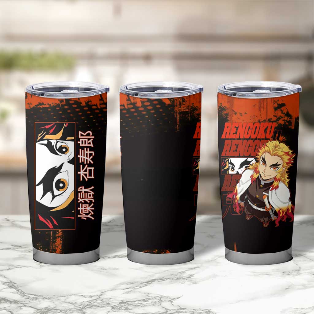 Kyojuro Rengoku Demon Slayer Black and Orange Grunge Design Tumbler Cup with Bold Eyes and Flame Hashira Artwork - The Mazicc