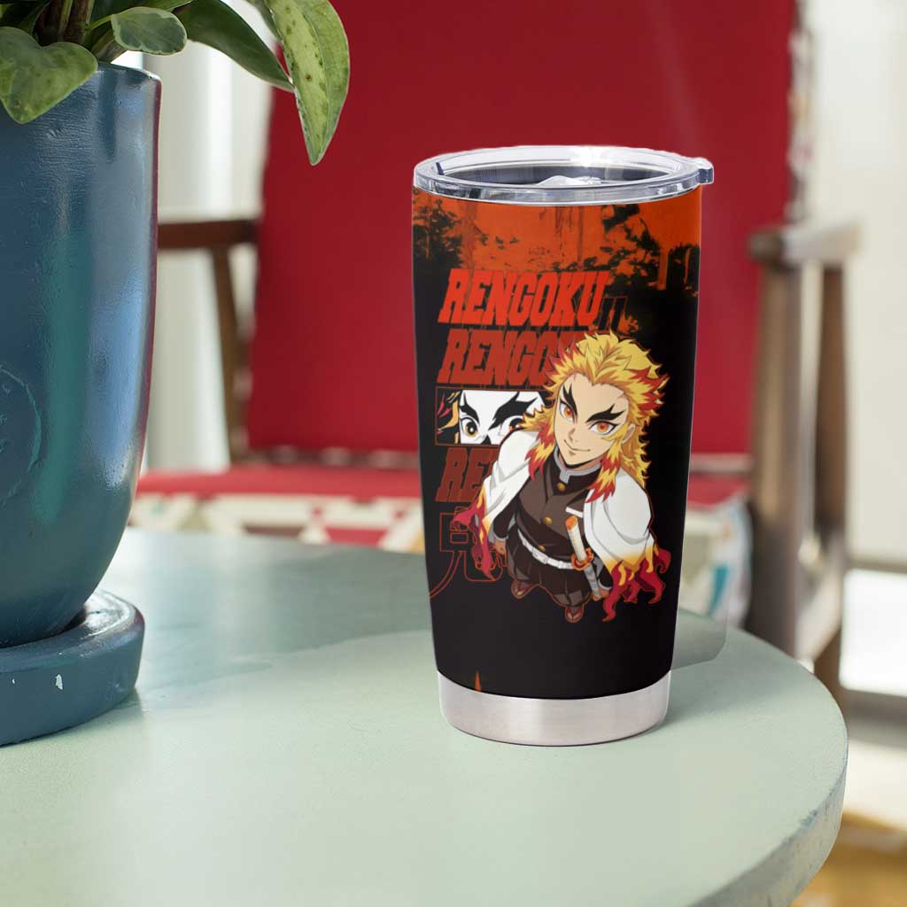 Kyojuro Rengoku Demon Slayer Black and Orange Grunge Design Tumbler Cup with Bold Eyes and Flame Hashira Artwork - The Mazicc