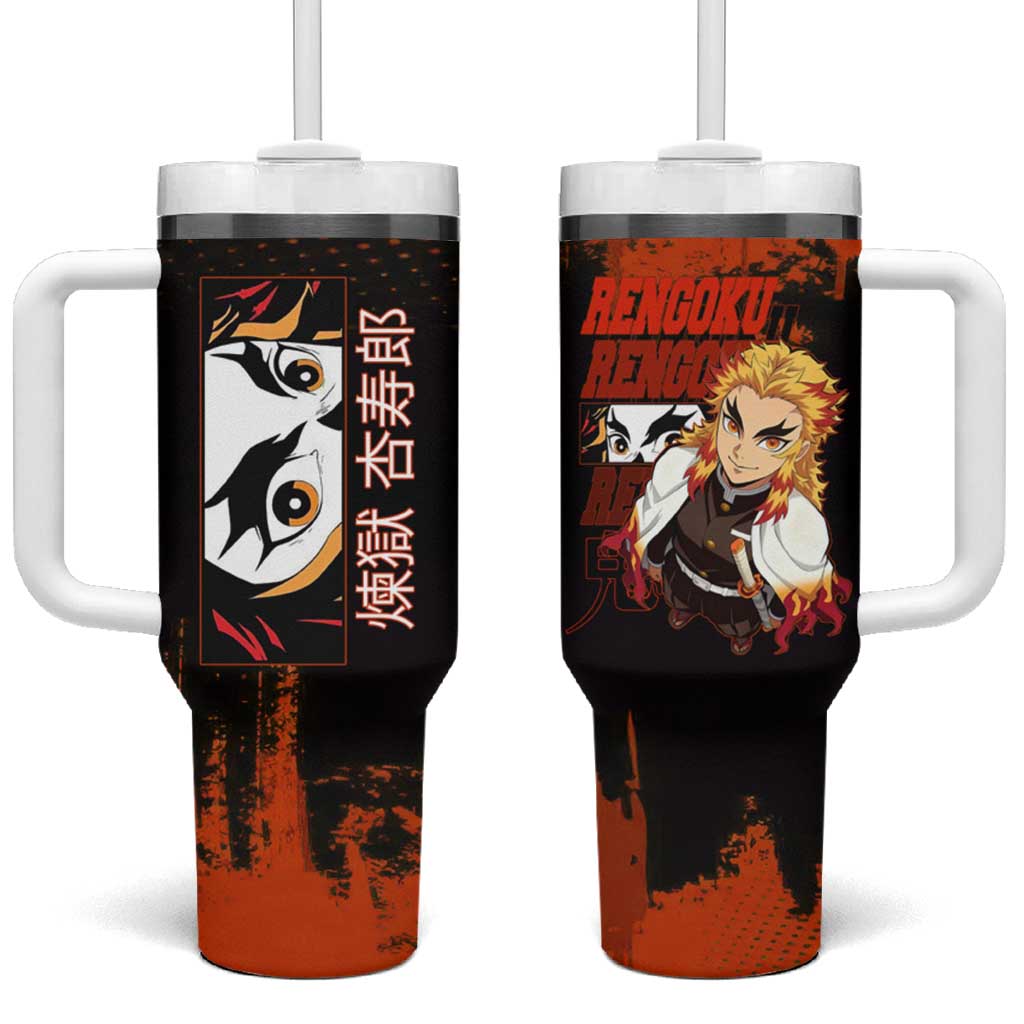 Kyojuro Rengoku Demon Slayer Black and Orange Grunge Design Tumbler With Handle with Bold Eyes and Flame Hashira Artwork - The Mazicc