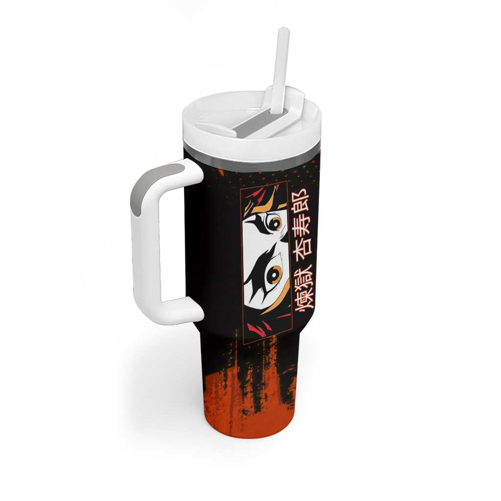 Kyojuro Rengoku Demon Slayer Black and Orange Grunge Design Tumbler With Handle with Bold Eyes and Flame Hashira Artwork - The Mazicc