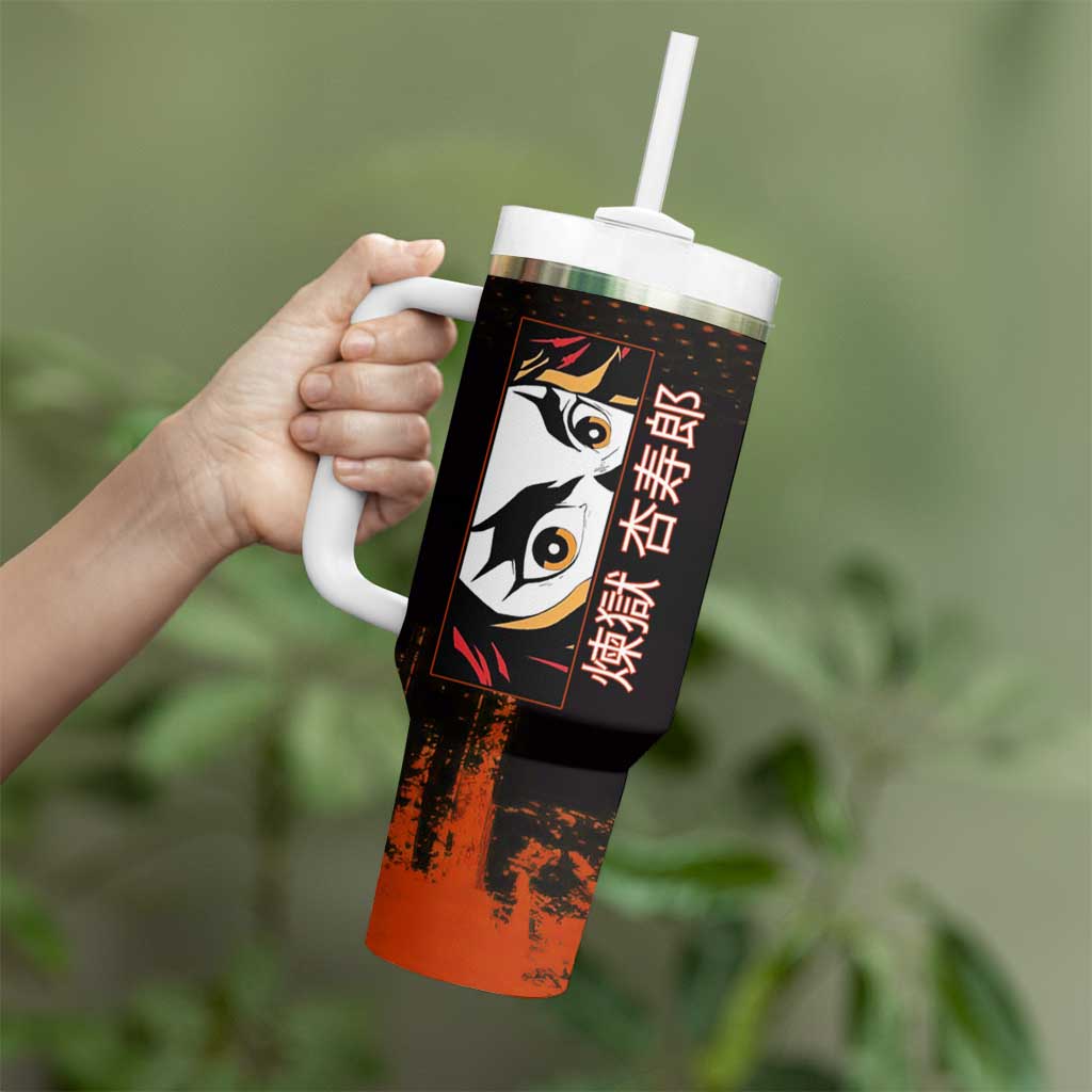 Kyojuro Rengoku Demon Slayer Black and Orange Grunge Design Tumbler With Handle with Bold Eyes and Flame Hashira Artwork - The Mazicc