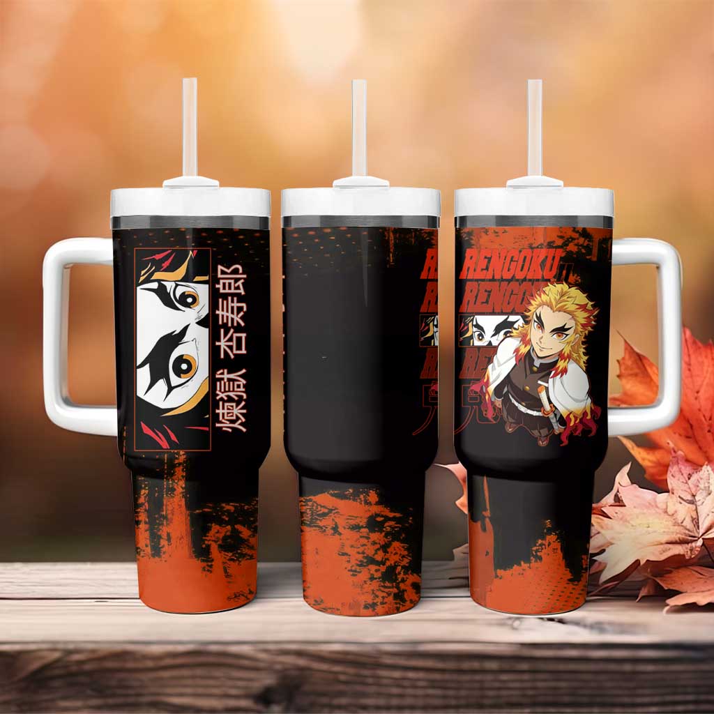 Kyojuro Rengoku Demon Slayer Black and Orange Grunge Design Tumbler With Handle with Bold Eyes and Flame Hashira Artwork - The Mazicc