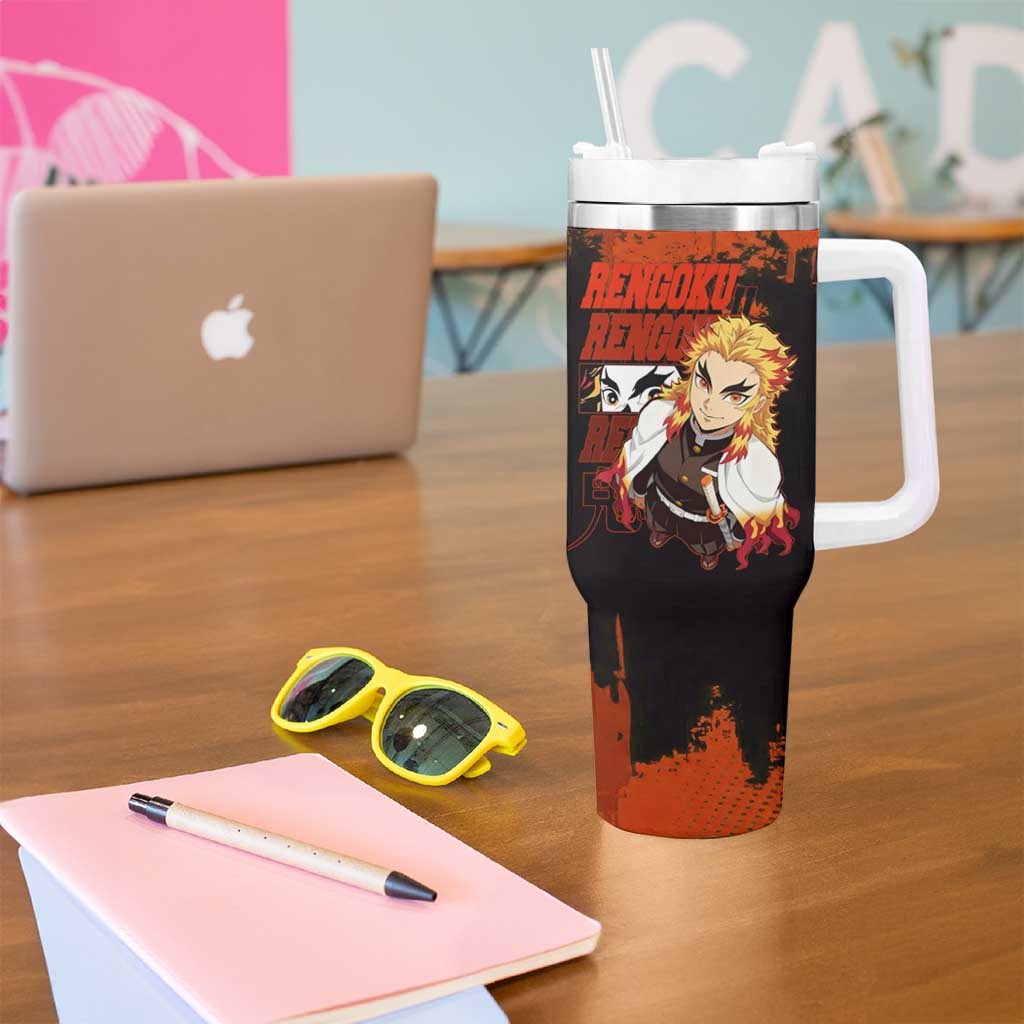 Kyojuro Rengoku Demon Slayer Black and Orange Grunge Design Tumbler With Handle with Bold Eyes and Flame Hashira Artwork - The Mazicc