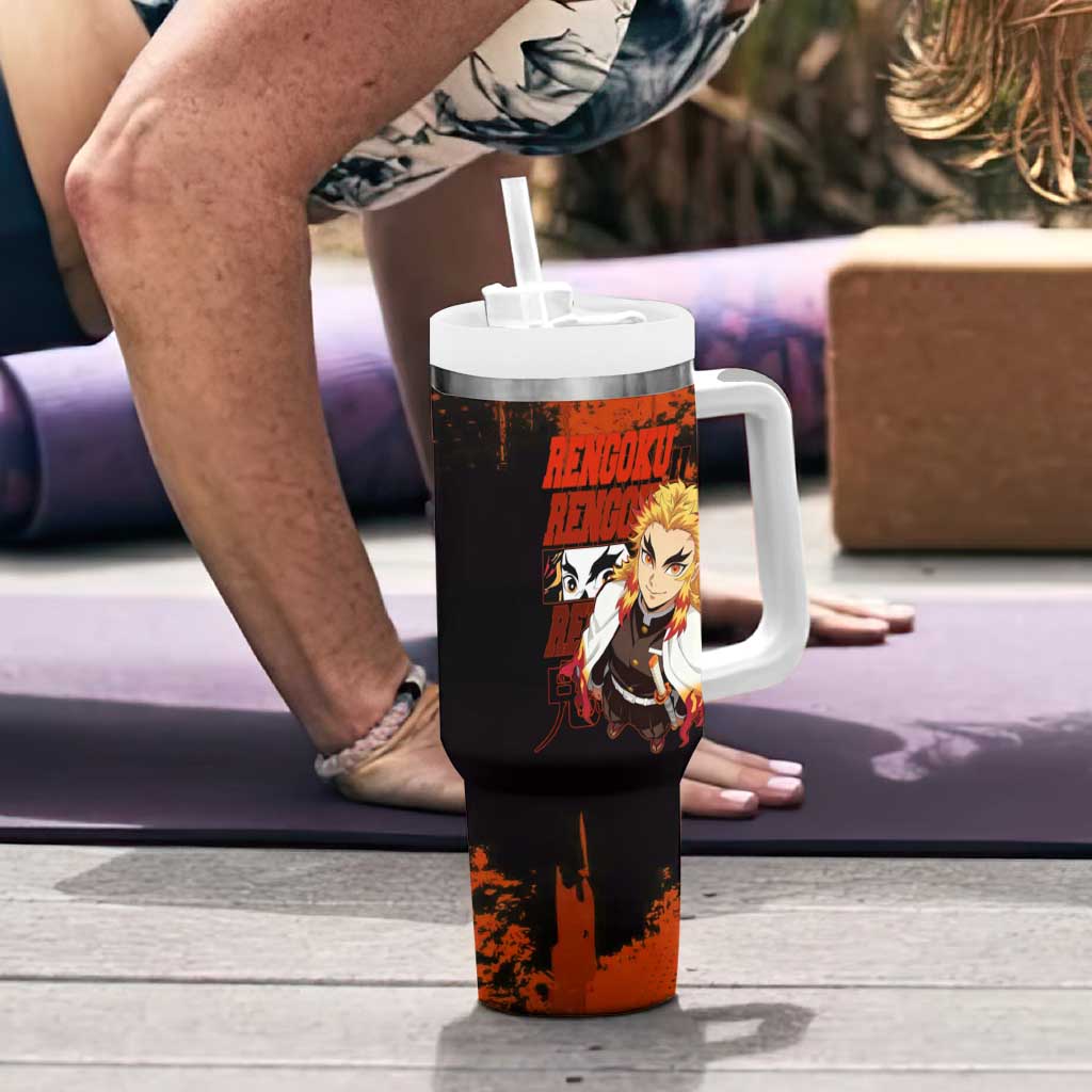 Kyojuro Rengoku Demon Slayer Black and Orange Grunge Design Tumbler With Handle with Bold Eyes and Flame Hashira Artwork - The Mazicc