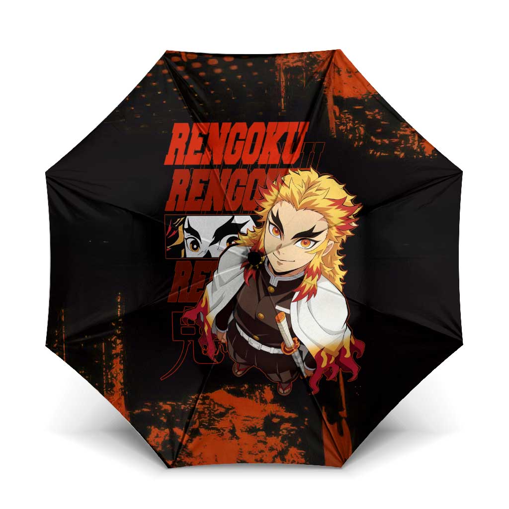 Kyojuro Rengoku Demon Slayer Black and Orange Grunge Design Umbrella with Bold Eyes and Flame Hashira Artwork - The Mazicc