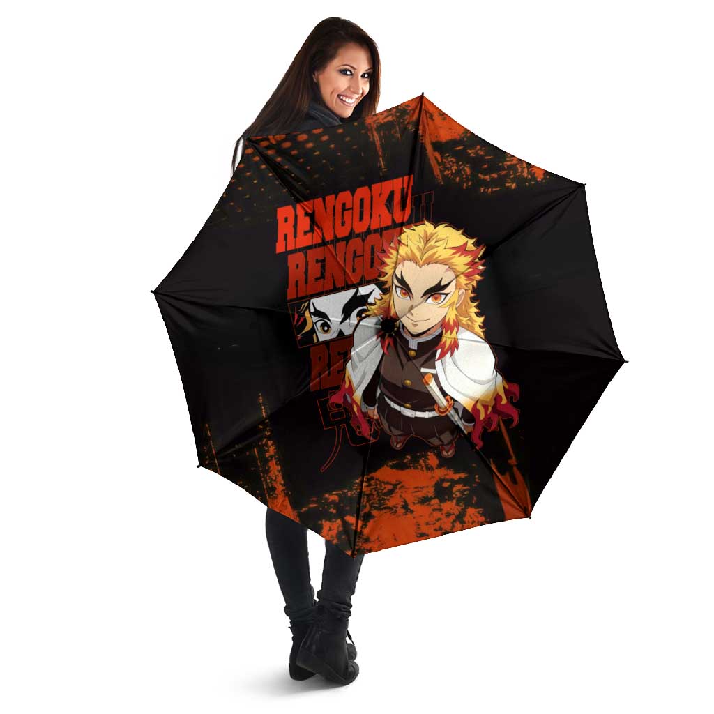 Kyojuro Rengoku Demon Slayer Black and Orange Grunge Design Umbrella with Bold Eyes and Flame Hashira Artwork - The Mazicc