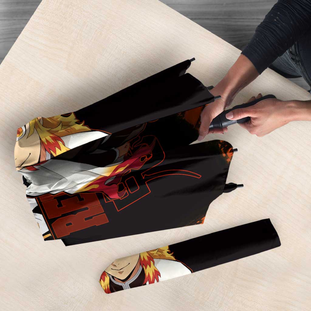 Kyojuro Rengoku Demon Slayer Black and Orange Grunge Design Umbrella with Bold Eyes and Flame Hashira Artwork - The Mazicc