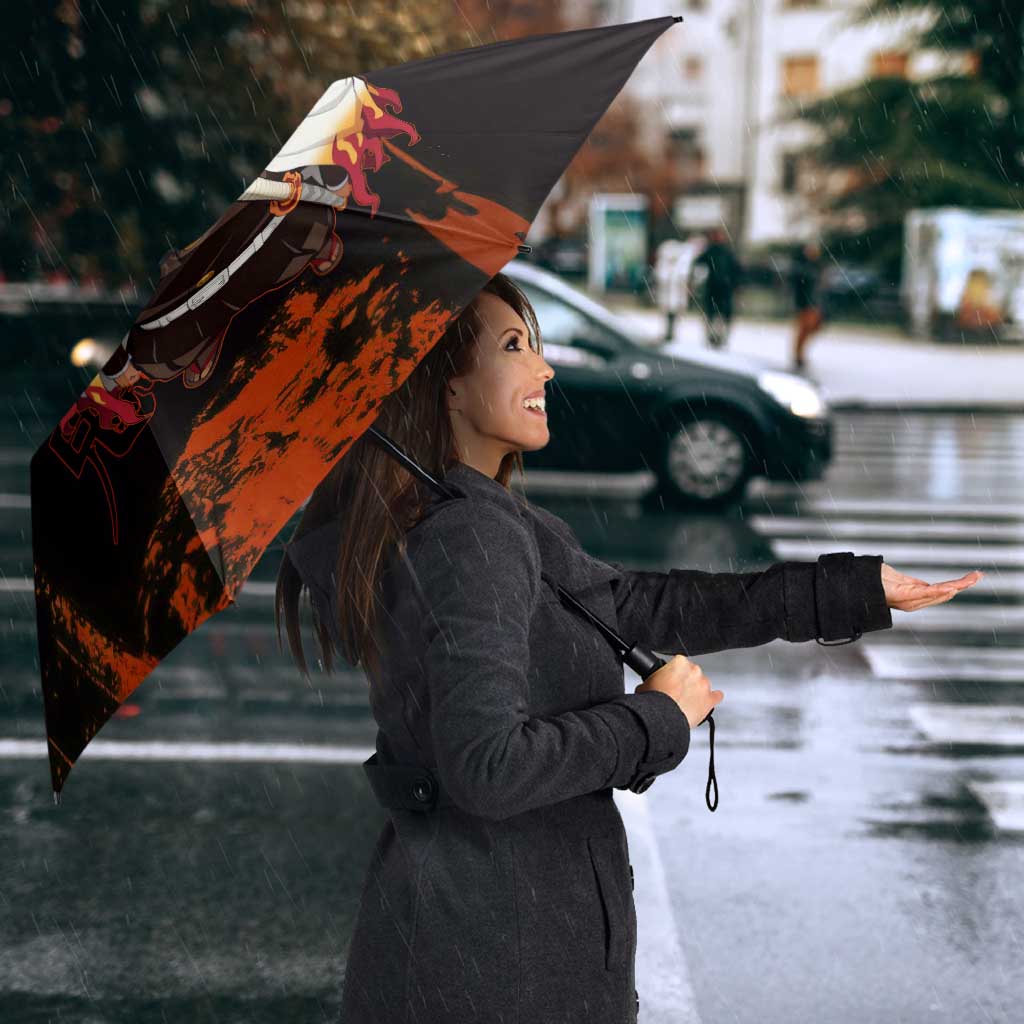 Kyojuro Rengoku Demon Slayer Black and Orange Grunge Design Umbrella with Bold Eyes and Flame Hashira Artwork - The Mazicc