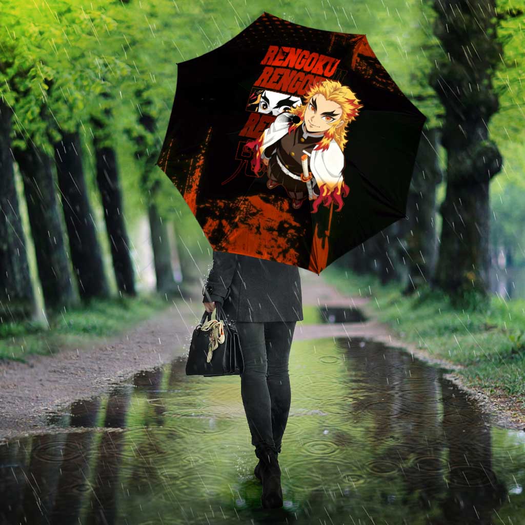 Kyojuro Rengoku Demon Slayer Black and Orange Grunge Design Umbrella with Bold Eyes and Flame Hashira Artwork - The Mazicc