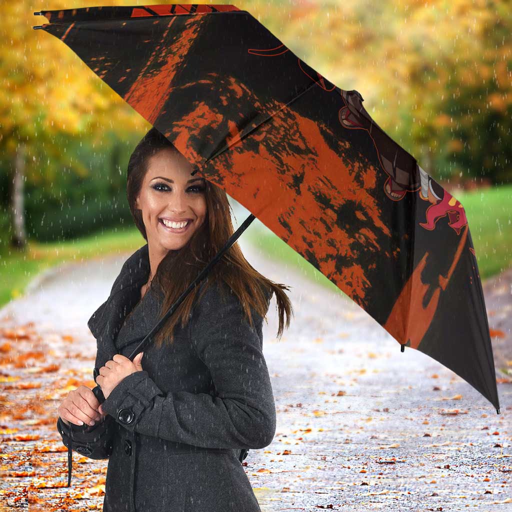 Kyojuro Rengoku Demon Slayer Black and Orange Grunge Design Umbrella with Bold Eyes and Flame Hashira Artwork - The Mazicc