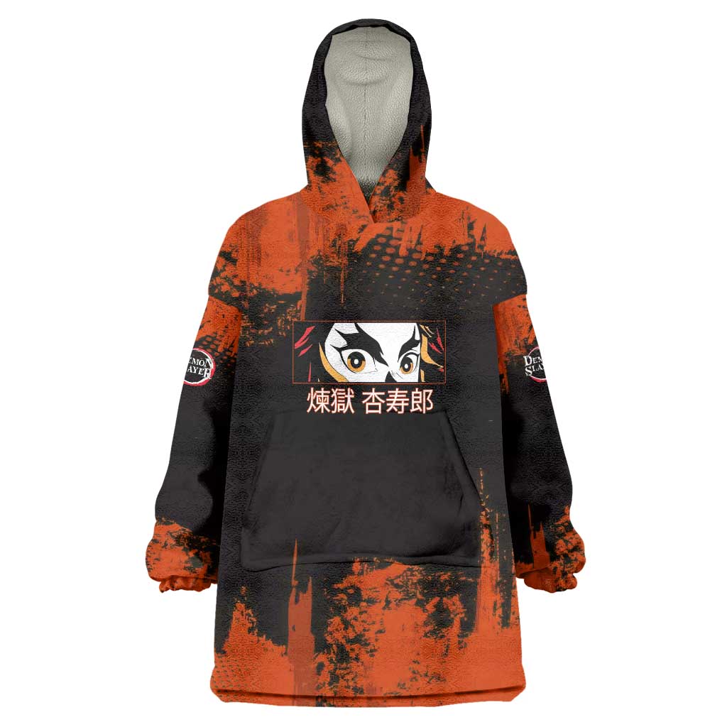 Kyojuro Rengoku Demon Slayer Black and Orange Grunge Design Wearable Blanket Hoodie with Bold Eyes and Flame Hashira Artwork - The Mazicc