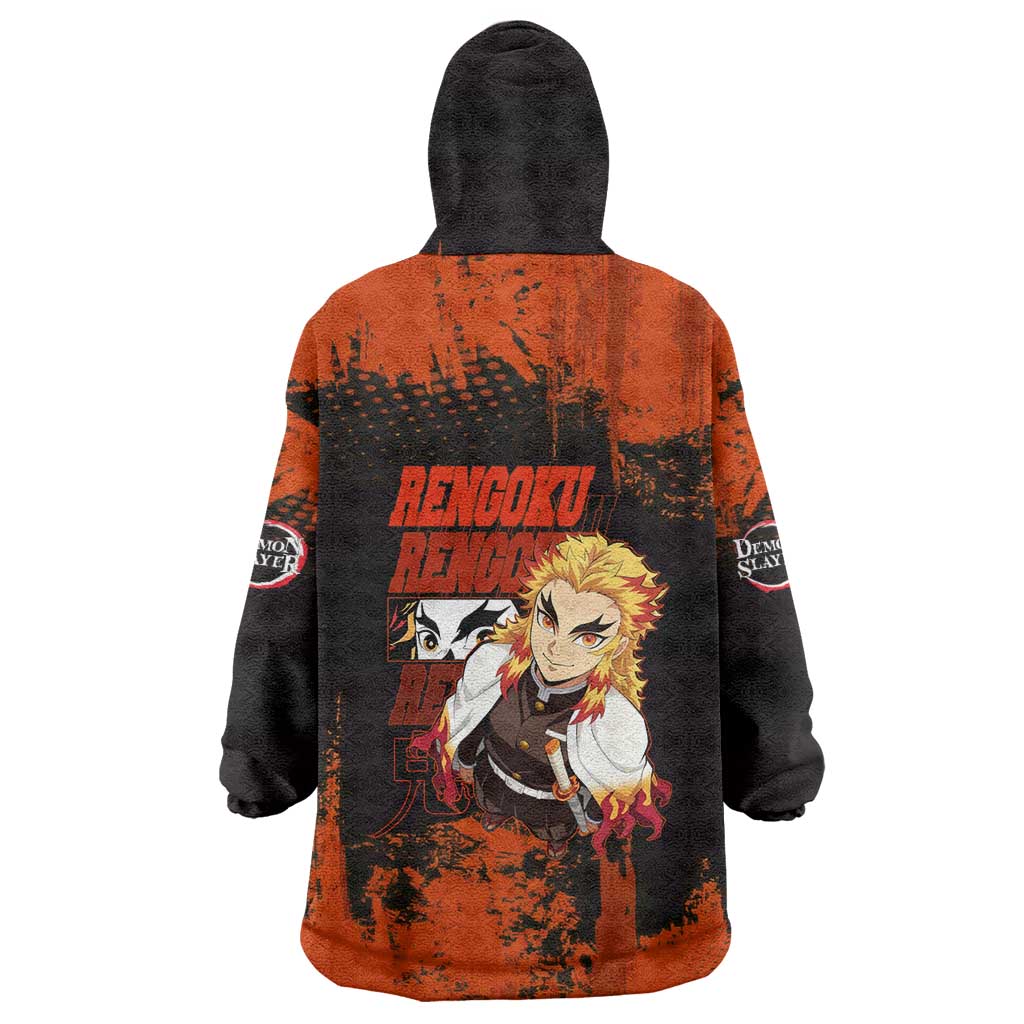 Kyojuro Rengoku Demon Slayer Black and Orange Grunge Design Wearable Blanket Hoodie with Bold Eyes and Flame Hashira Artwork - The Mazicc