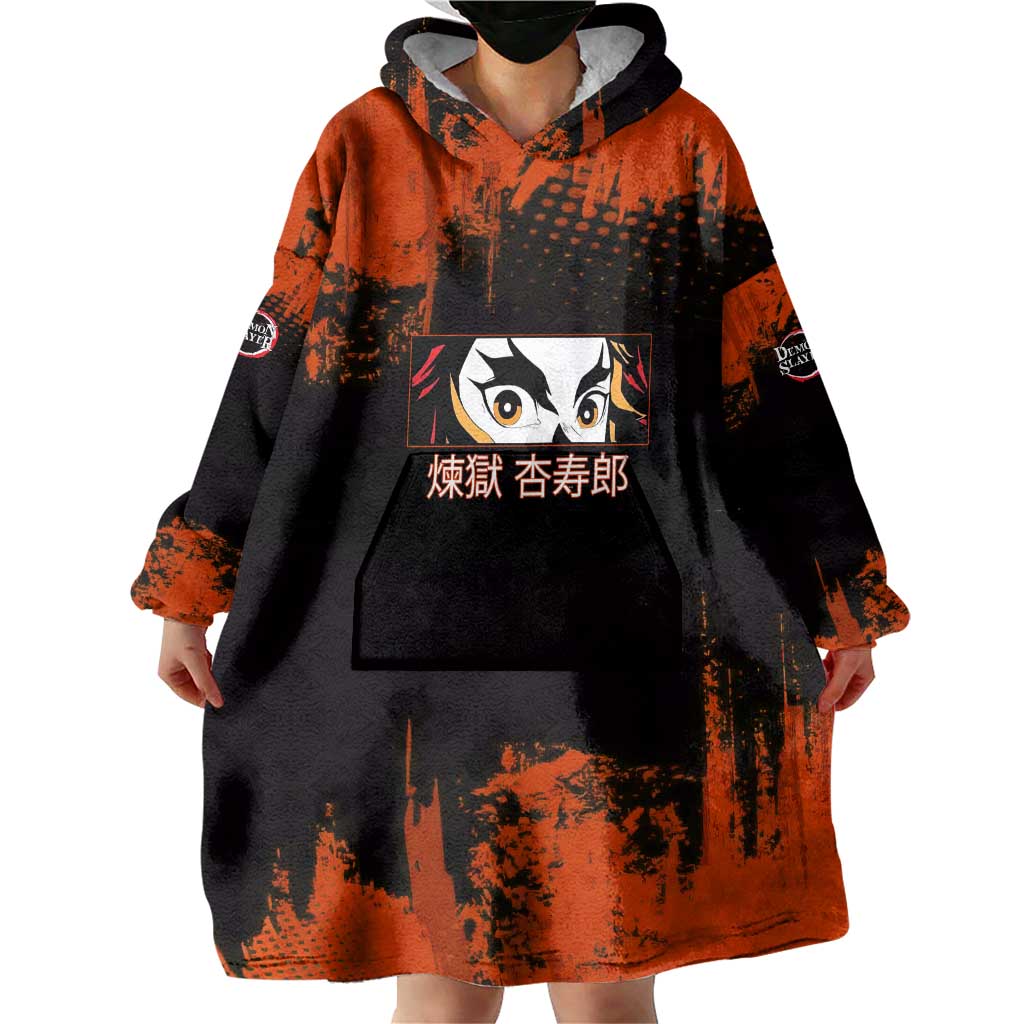 Kyojuro Rengoku Demon Slayer Black and Orange Grunge Design Wearable Blanket Hoodie with Bold Eyes and Flame Hashira Artwork - The Mazicc