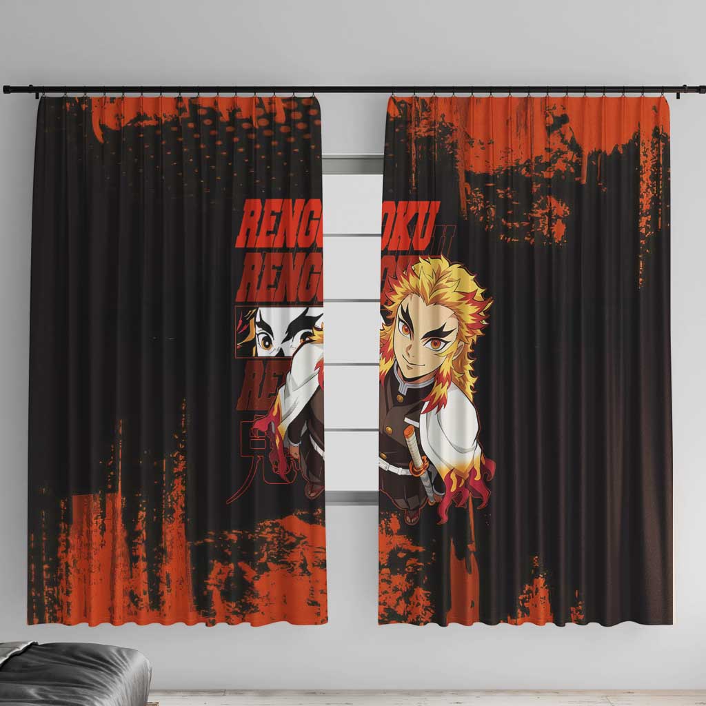 Kyojuro Rengoku Demon Slayer Black and Orange Grunge Design Window Curtain with Bold Eyes and Flame Hashira Artwork - The Mazicc