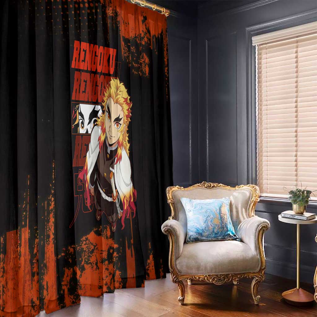 Kyojuro Rengoku Demon Slayer Black and Orange Grunge Design Window Curtain with Bold Eyes and Flame Hashira Artwork - The Mazicc