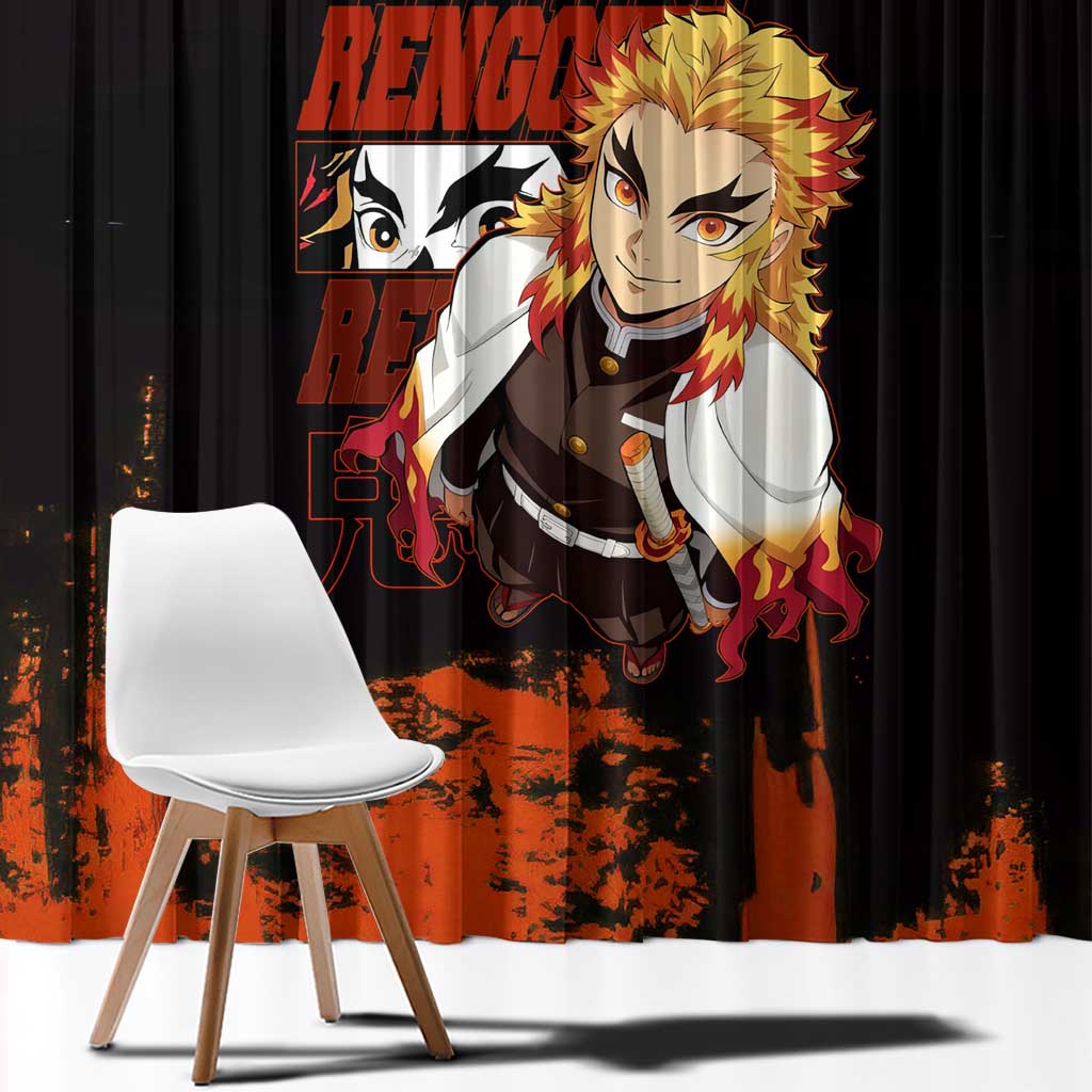 Kyojuro Rengoku Demon Slayer Black and Orange Grunge Design Window Curtain with Bold Eyes and Flame Hashira Artwork - The Mazicc