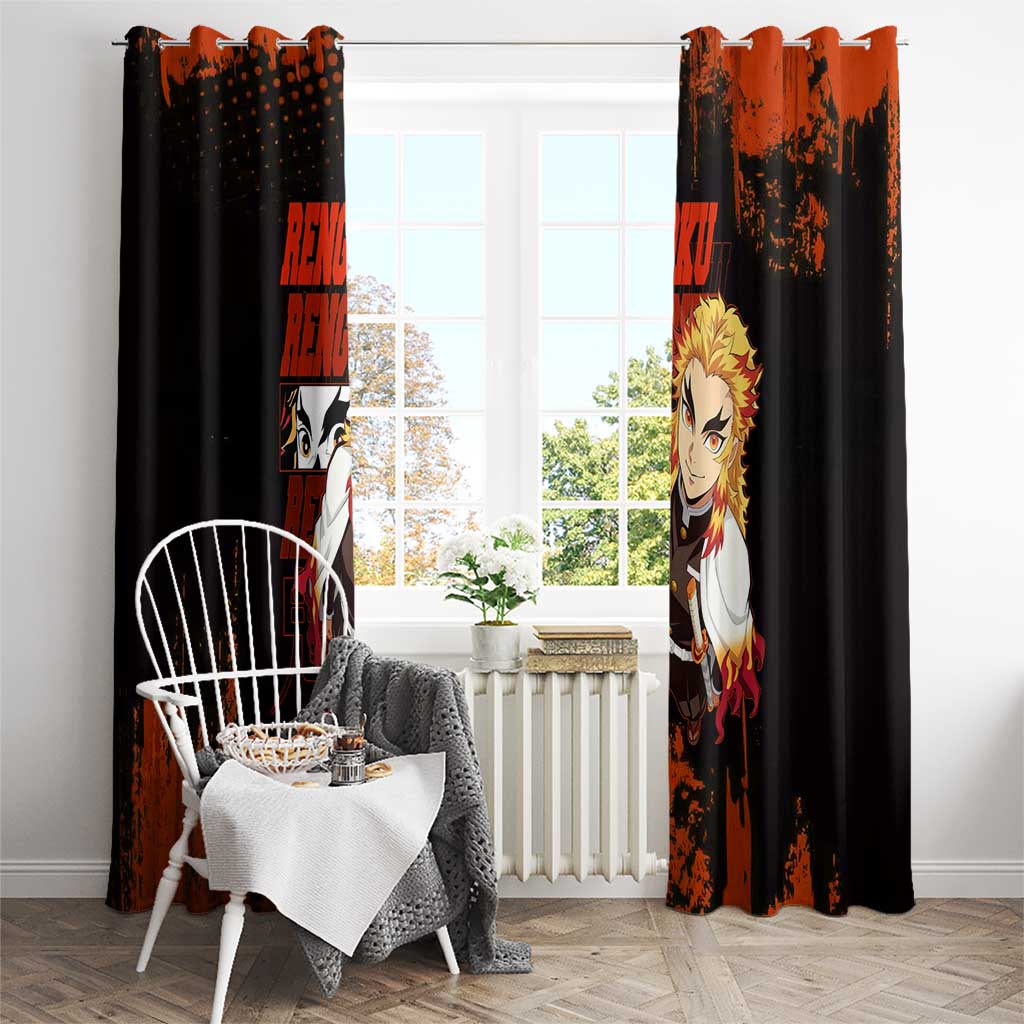 Kyojuro Rengoku Demon Slayer Black and Orange Grunge Design Window Curtain with Bold Eyes and Flame Hashira Artwork - The Mazicc