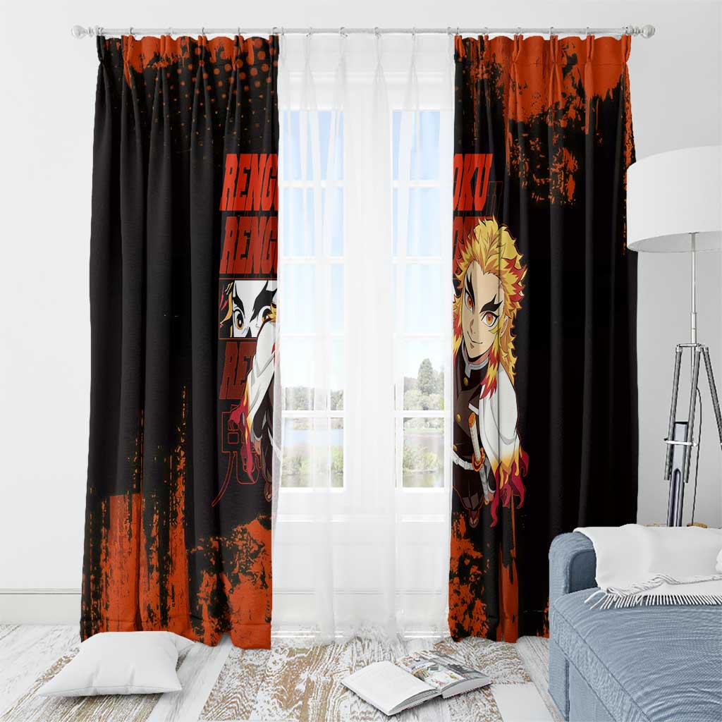Kyojuro Rengoku Demon Slayer Black and Orange Grunge Design Window Curtain with Bold Eyes and Flame Hashira Artwork - The Mazicc