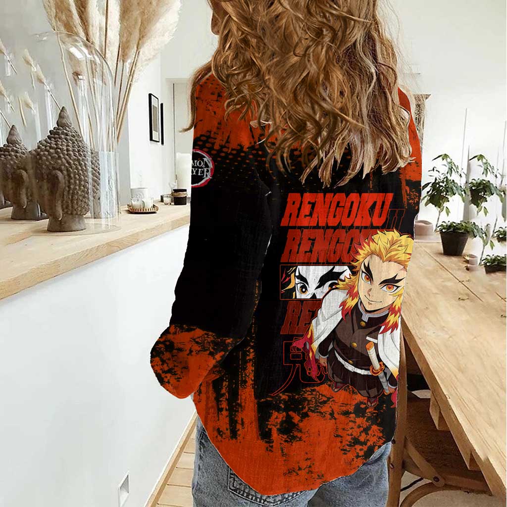 Kyojuro Rengoku Demon Slayer Black and Orange Grunge Design Women Casual Shirt with Bold Eyes and Flame Hashira Artwork - The Mazicc
