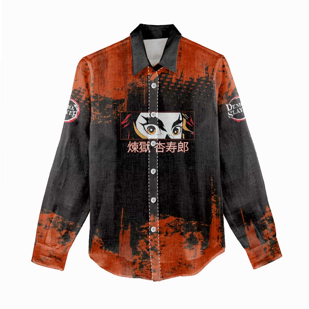 Kyojuro Rengoku Demon Slayer Black and Orange Grunge Design Women Casual Shirt with Bold Eyes and Flame Hashira Artwork - The Mazicc