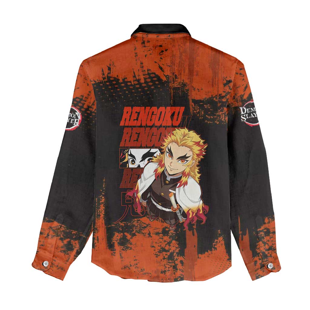 Kyojuro Rengoku Demon Slayer Black and Orange Grunge Design Women Casual Shirt with Bold Eyes and Flame Hashira Artwork - The Mazicc