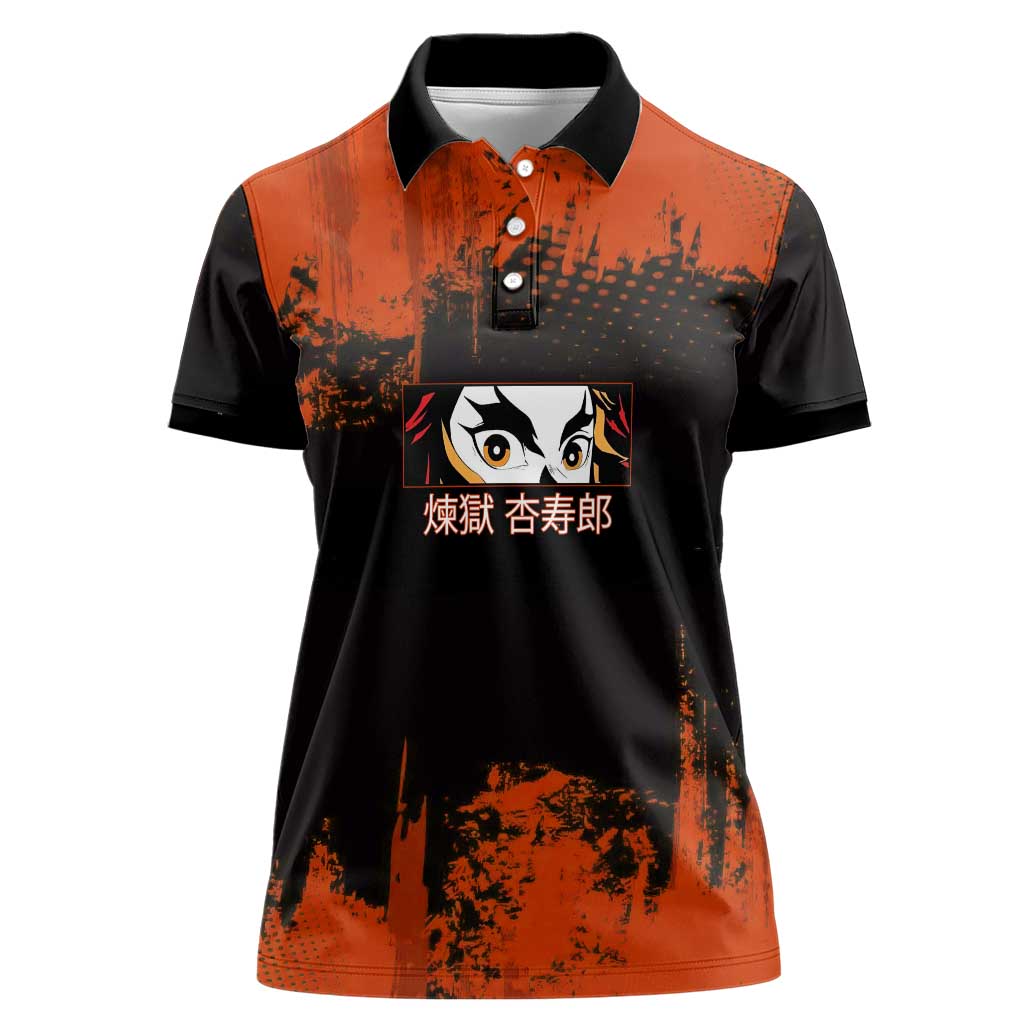 Kyojuro Rengoku Demon Slayer Black and Orange Grunge Design Women Polo Shirt with Bold Eyes and Flame Hashira Artwork - The Mazicc
